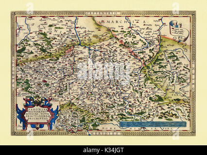 Old map of Thuringia and Saxony. Excellent state of preservation realized in ancient style. All the graphic composition is inside a frame. By Ortelius, Theatrum Orbis Terrarum, Antwerp, 1570 Stock Photo