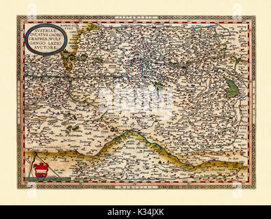 Old map of Austria. Excellent state of preservation realized in ancient style. All the graphic composition is inside a frame. By Ortelius, Theatrum Orbis Terrarum, Antwerp, 1570 Stock Photo