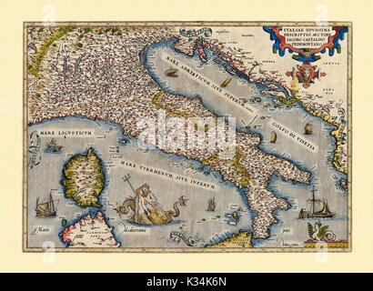 Old map of Italy. Excellent state of preservation realized in ancient style. All the graphic composition is inside a frame. By Ortelius, Theatrum Orbis Terrarum, Antwerp, 1570 Stock Photo