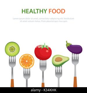 healthy food on the forks  diet concept fruits and vegetables Stock Vector
