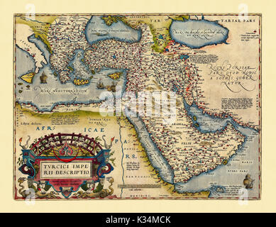 Old map of Middle East (the age of Ottoma empire) in excellent state of preservation. By Ortelius, Theatrum Orbis Terrarum, Antwerp, 1570 Stock Photo