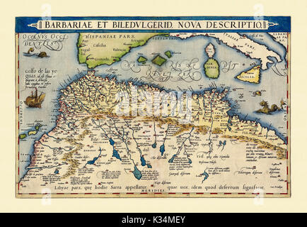 Old map of North Africa. Excellent state of preservation realized in ancient style. All the graphic composition is inside a frame. By Ortelius, Theatrum Orbis Terrarum, Antwerp, 1570 Stock Photo