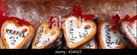 Gingerbread hearts at Christmas market in Krakow, Poland Stock Photo