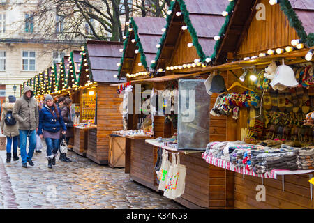 LVIV, UKRAINE - DECEMBER 11, 2016:  Christmas holiday market on the central square of Lviv (Market square) Stock Photo