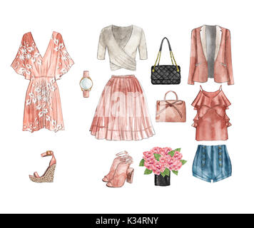 Watercolor raster illustration - Different fashion outfit - hand painted image Stock Photo