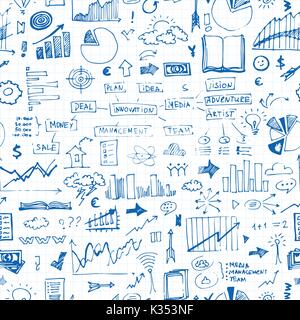 Business doodles seamless pattern. Success elements on endless background Stock Vector