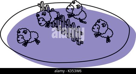 sheeps jump wooden fence grass purple watercolor silhouette on white background Stock Vector