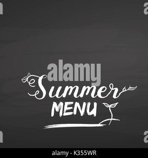 Summer Menu Lettering on Chalkboard. Chalk on Blackboard. Hand drawn healthy food sketch. Black and White. Stock Vector