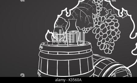 Wine on barrel. Grapes in Leaf Sign. Hand drawn healthy food sketch. Black and White Vector Drawing on Blackboard. Stock Vector