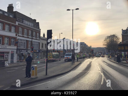 Photo Must Be Credited ©Alpha Press 066465 05/12/2016 A burst water main on Upper Street in Angel Islington has hit homes and businesses along part of a key route through north London. Businesses in the popular shopping and dining district around Camden Passage were under water, and part of the A1 was closed to traffic. Roads in the area were closed, with Upper Street shut between Angel Tube station and Islington Green. Stock Photo