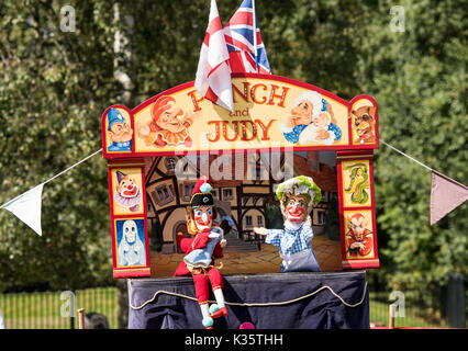 a traditional Punch and Judy show by David Wilde in an English park in the summer at Brentwood, Essex with the Mr Punch and Judy puppets Stock Photo