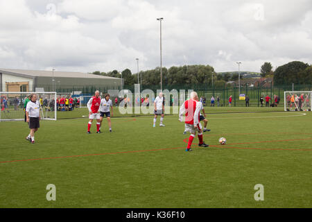 Heywood, Greater Manchester, UK. 1st Sep, 2017. Today saw the kick-off of the second season for the Greater Manchester Over 60s Walking Football league at Heywood Sports Village. Bolton Wanderers A, in white, defend an attack from Fleetwood Town Flyers while playing out a goalless draw. Walking Football is one of the fastest growing areas of organised football in the UK, aimed at increasing health and fitness through physical activity in the over 50s, encouraged by football clubs, health professionals and the Football Association. Credit: Joseph Clemson 1/Alamy Live News Stock Photo