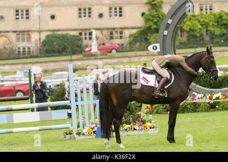 Peterborough, Stamford, UK. 01st Sep, 2017. Peterborough, Stamford, UK. 01st Sep, 2017. Winning smile GinnieTurnbull riding Jesmond Jasmine winner of the Dubarry Burghley Young event Horse four year old final, the annual Olympic-level equestrian event with competing riders from UK, Europe, and the rest of the globe in the Land Rover three day event. Credit: Clifford Norton/Alamy Live News Credit: Clifford Norton/Alamy Live News Stock Photo