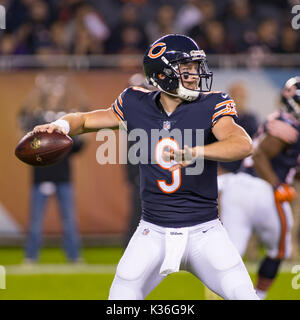 August 31, 2017: Chicago, Illinois, U.S. - Chicago Bears Quarterback #9 Connor Shaw in action during the NFL Preseason Game between the Cleveland Browns and Chicago Bears at Soldier Field in Chicago, IL. Stock Photo