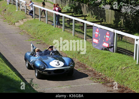 Five historic D-Type Jaguars visit Brooklands circuit, Weybridge, Surrey, England, UK. 1st September 2017. D-Type Jaguars won the Le Mans 24hr endurance race in 1955, 1956 and 1957. In 1957, D-Types were placed 1-2-3-4-6, with only a solitary Ferrari in 5th spoiling the parade. In picture, shown on Test Hill, car numbered '3' (Ecurie Ecosse, XKD 606, 'long-nose') is the 1957 Le Mans winner. Stock Photo