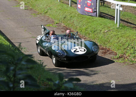 Five historic D-Type Jaguars visit Brooklands circuit, Weybridge, Surrey, England, UK. 1st September 2017. D-Type Jaguars won the Le Mans 24hr endurance race in 1955, 1956 and 1957. In 1957, D-Types were placed 1-2-3-4-6, with only a solitary Ferrari in 5th spoiling the parade. In picture, shown on Test Hill, car numbered '25' (Jaguar Works, XKD 605, 'long-nose') was 6th at Le Mans in 1956. Stock Photo