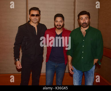 Mumbai, India. 1st Sep, 2017. Indian film actors Bobby Deol, Shreyas Talpade and Sunny Deol pose during the promotion of their upcoming film 'Poster Boys'at hotel JW Marriott, Juhu in Mumbai Credit: Azhar Khan/Alamy Live News Stock Photo