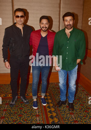 Mumbai, India. 1st Sep, 2017. Indian film actors Bobby Deol, Shreyas Talpade and Sunny Deol pose during the promotion of their upcoming film 'Poster Boys'at hotel JW Marriott, Juhu in Mumbai Credit: Azhar Khan/Alamy Live News Stock Photo