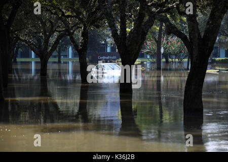 Houston, USA. 1st Sep, 2017. A flooded car is seen near Barker Reservoir, west of Houston, Texas, the United States, Sept. 1, 2017. Heavy rain that fell following Hurricane Harvey inundated the Barker and Addicks reservoir areas, west of Houston. Since Aug. 28, the U.S. Army Corps of Engineers has been deliberately releasing water from both reservoirs into nearby neighborhoods, since rising water levels in the reservoirs reached the limits. Credit: Yin Bogu/Xinhua/Alamy Live News Stock Photo
