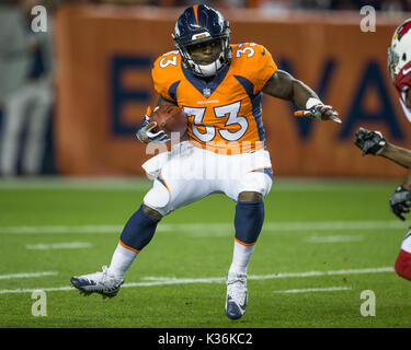 August 31, 2017: Denver Broncos running back De'Angelo Henderson (33)  handles the ball during the second quarter of an NFL preseason matchup  between the Arizona Cardinals and the Denver Broncos at Sports