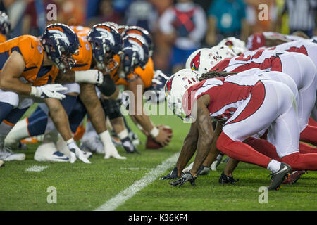 August 31, 2017: Arizona Cardinals defense line up against Denver Broncos  offense during the second quarter of an NFL preseason matchup between the  Arizona Cardinals and the Denver Broncos at Sports Authority