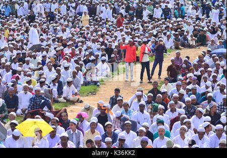 Dimapur, India September 02, 2017: Indian Muslims youth take picture from their mobile phone as they gather to offer prayers during the Eid-al-Adha festival in Dimapur, India north eastern state of Nagaland. Muslims across the world celebrate the annual festival of Eid al-Adha, or the Festival of Sacrifice, which marks the end of the Hajj pilgrimage to Mecca and commemorates Prophet Abraham's readiness to sacrifice his son to show obedience to God. Credit: Caisii Mao/Alamy Live News Stock Photo