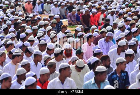 Dimapur, India September 02, 2017: Indian Muslims offer prayers during the Eid-al-Adha prayer in Dimapur, India north eastern state of Nagaland. Muslims across the world celebrate the annual festival of Eid al-Adha, or the Festival of Sacrifice, which marks the end of the Hajj pilgrimage to Mecca and commemorates Prophet Abraham's readiness to sacrifice his son to show obedience to God. Credit: Caisii Mao/Alamy Live News Stock Photo
