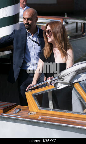 Venice, Italy. 01st Sep, 2017. Julianne Moore departs by boat during the 74th Venice Film Festival at Hotel Excelsior in Venice, Italy, on 01 September 2017. - NO WIRE SERVICE - Photo: Hubert Boesl