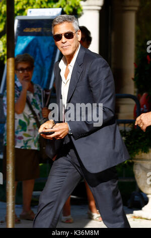 George Clooney is seen leaving the Hotel Excelsior after giving interviews during the 74th Venice Film Festival on September 01, 2017 in Venice, Italy