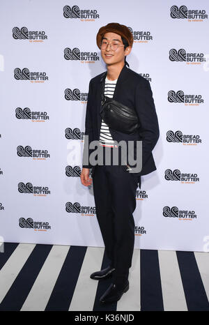 Berlin, Germany. 01st Sep, 2017. Model and artist Sang Woo Kim arrives for the show held by label Zalando at the Bread & Butter fashion festival in Berlin, Germany, 01 September 2017. Photo: Jens Kalaene/dpa-Zentralbild/ZB/dpa/Alamy Live News Stock Photo