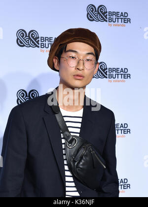 Berlin, Germany. 01st Sep, 2017. Model and artist Sang Woo Kim arrives for the show held by label Zalando at the Bread & Butter fashion festival in Berlin, Germany, 01 September 2017. Photo: Jens Kalaene/dpa-Zentralbild/ZB/dpa/Alamy Live News Stock Photo