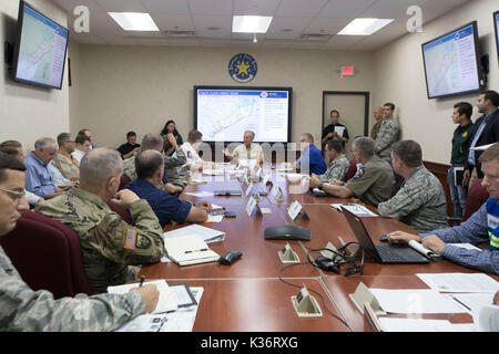 Austin, Texas USA Sept. 1, 2017: Texas Gov. Greg Abbott and emergency officials continue response to extensive Hurricane Harvey damage at the Dept. of Public Safety Emergency Operations Center (EOC). Credit: Bob Daemmrich/Alamy Live News Stock Photo