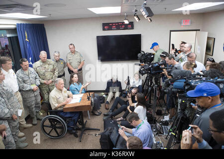 Austin, Texas USA Sept. 1, 2017: Texas Gov. Greg Abbott and emergency officials continue response to extensive Hurricane Harvey damage at the Texas Dept. of Public Safety Emergency Operations Center (EOC). Credit: Bob Daemmrich/Alamy Live News Stock Photo