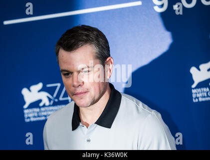 Venice, Italy. 2nd Sep, 2017. Actor Matt Damon poses during a photocall for the movie 'Suburbicon' in competition at the 74th Venice Film Festival in Venice, Italy, Sept. 2, 2017. Credit: Jin Yu/Xinhua/Alamy Live News Stock Photo