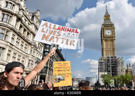 London, UK.  2 September 2017.  Vegans and other demonstrators take part in an Animal Rights march from Hyde Park Corner to Parliament Square demanding an end to animal oppression in order to help the planet.   Credit: Stephen Chung / Alamy Live News Stock Photo