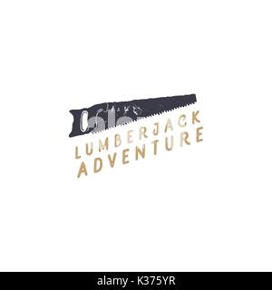 lumberjack saw logo design. Typography elementsm vintage hand drawn label. Stock vector illustration for jalloween party isolated on white background Stock Vector