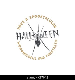 Halloween badge. Vintage hand drawn logo design. Monochrome style. Typography elements and Halloween symbol - spider. Stock vector isolated on white background Stock Vector