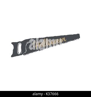Halloween badge. Vintage hand drawn logo design. Monochrome style. Typography elements and Halloween symbol - saw. Stock vector isolated on white background Stock Vector