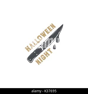 Halloween badge. Vintage hand drawn logo design. Monochrome style. Typography elements and Halloween symbol - knife with blood. Stock vector isolated on white background Stock Vector