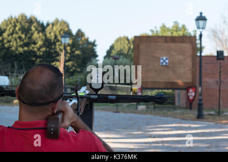 Man Shooting Arrow on Target, Training with Crossbow Stock Photo