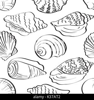 Seamless background, outline seashells Stock Vector