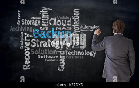 Businessman writes backup cloud on blackboard concept. Stock Photo