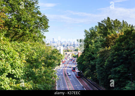 View of Archway and City of London from Hornsey Lane Bridge, North Islington, London, UK