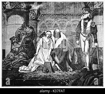 Medieval beheading of Jane Grey, young woman accompained by a lord to the stump while the hangman wait for her. Old illustration by Paul Delaroche published on Magasin Pittoresque Paris 1834 Stock Photo