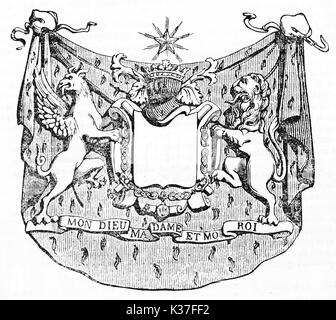 Ancient Coat of Arms sample with two mythological characters, the gryphon and the lion. Old Illustration by unidentified author published on Magasin Pittoresque Paris 1834 Stock Photo