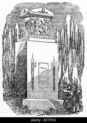 ancient stone monument to General Louis Desaix surrounded by weeping willows, Strasbourg France. Old Illustration by unidentified author published on Magasin Pittoresque Paris 1834 Stock Photo