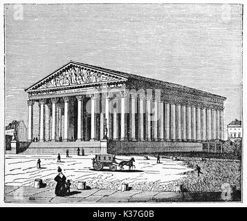Overall view of La Madaleine church, Paris, similar to an ancient greek temple. Old Illustration by Jackson published on Magasin Pittoresque Paris 1834