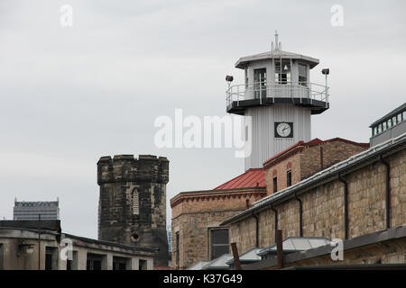 Eastern State Penitentiary exterior view of old and new watchtowers, Pennsylvania, U.S.A. Stock Photo