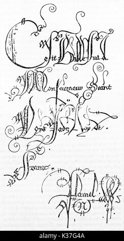 Ancient medieval fonts handmade on a white page. Old reproduction of 14th century bible page (Saint-Louis bible), published on Magasin Pittoresque, Paris, 1834 Stock Photo