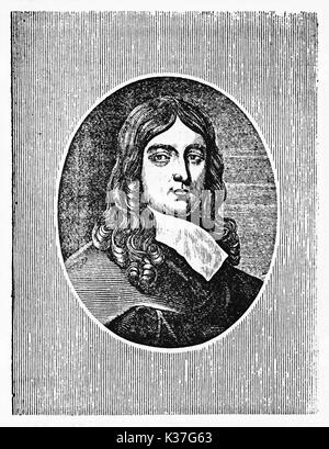 Old engraved portrait of John Milton (1608 – 1674), English poet, in a oval frame. Old Illustration by unidentified author, published on Magasin Pittoresque, Paris, 1834. Stock Photo
